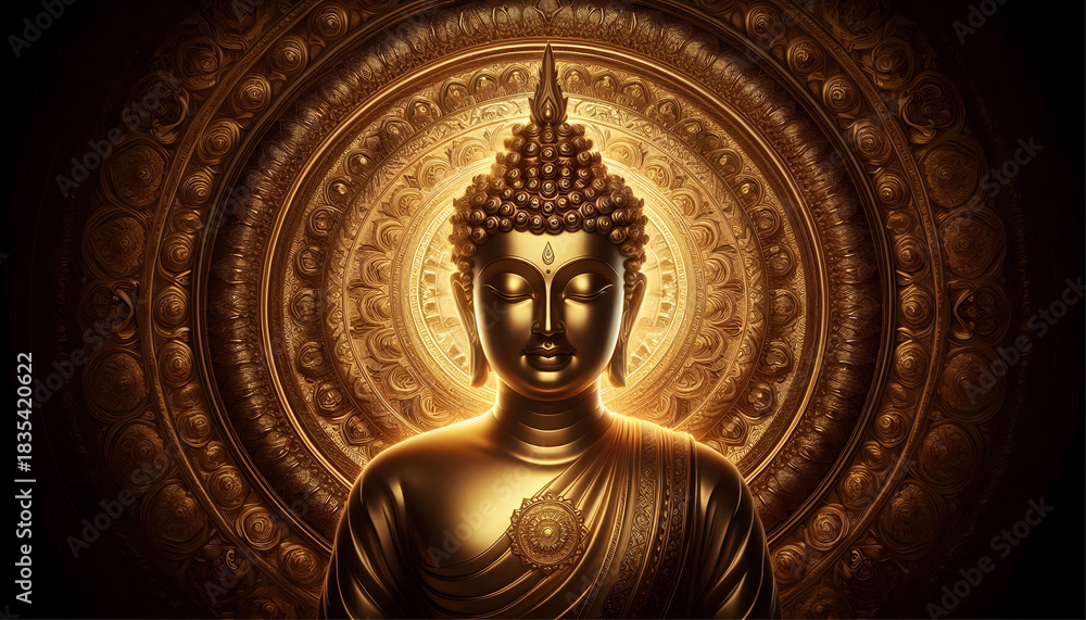 Fototapeta premium golden buddha statue portrait with big golden mandala