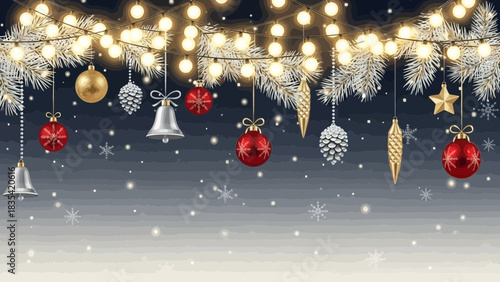 Elegant Christmas ornaments and lights create festive cheer, perfect for holiday greetings or seasonal promotions with a touch of winter magic and cozy warmth