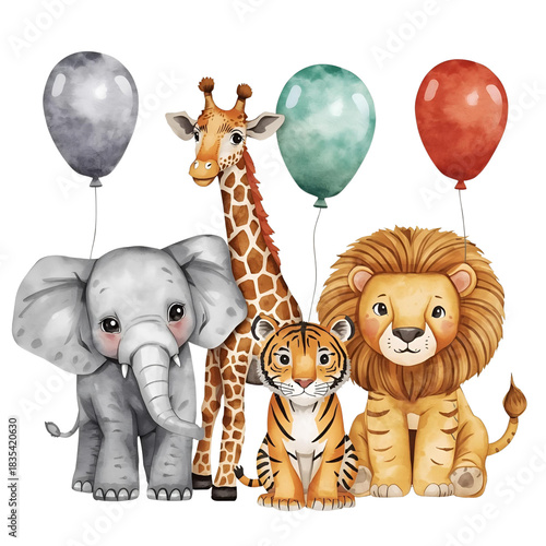 Watercolor Animal Holding Balloon PNG on Transparent Background
