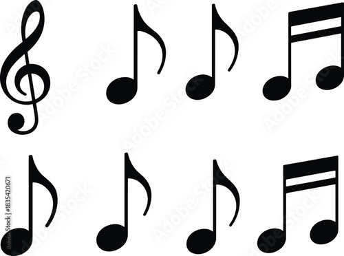 Black and white illustration of musical notes and treble clef, classic music symbols for education, design elements, posters, sheet music and creative projects