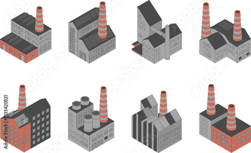 Isometric industrial factory building set, modern manufacturing plant icons, industrial architecture illustration collection for engineering, infrastructure planning, and construction design projects