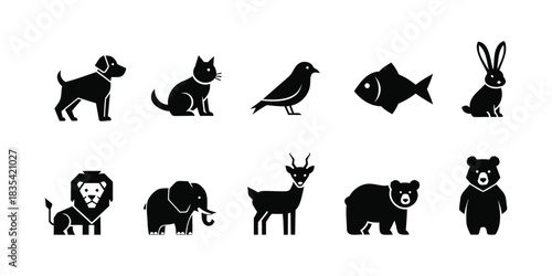 Collection of black and white animal silhouettes in a graphic style