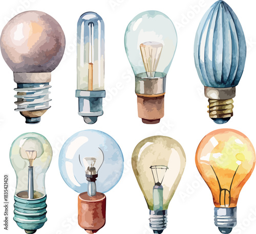 Lighting Elements for Lamp Light Bulbs Set Hand Painted Watercolor Vector Illustration