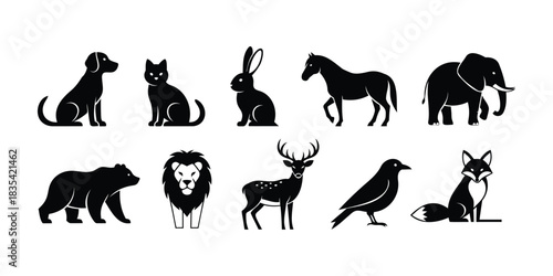Silhouette collection of wild and domestic animals in black and white