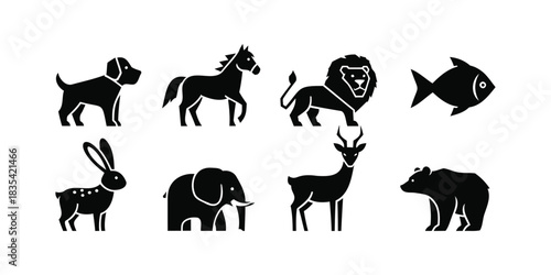Collection of black silhouetted animals featuring mammals and fish