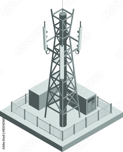 Isometric illustration of a cellular communication tower with antennas, fenced telecom base station, modern wireless network infrastructure design graphic