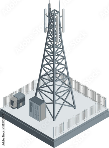 Isometric illustration of a cellular communication tower with antennas, fenced telecom base station, modern wireless network infrastructure design graphic