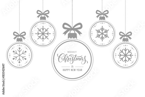 Elegant GREY Christmas baubles with snowflake designs and bows hanging on white background, festive greeting text in center circle, minimalist holiday card for Merry Christmas and Happy New Year.