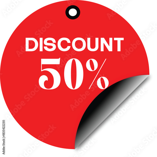 Vector art of red circular sticker with peeling corner announcing a fifty percent discount