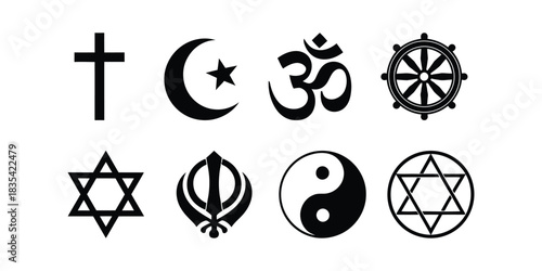 Collection of symbols representing various world religions in black and white