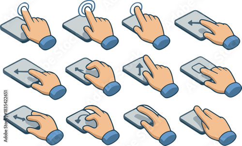 Isometric illustration set of touchscreen hand gestures, tapping and pressing actions for mobile interface, user interaction, UI design and technology concepts