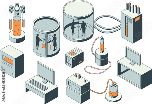 Isometric medical laboratory equipment illustration with scientists working in futuristic research chambers, advanced biotech machines, medical technology and scientific devices