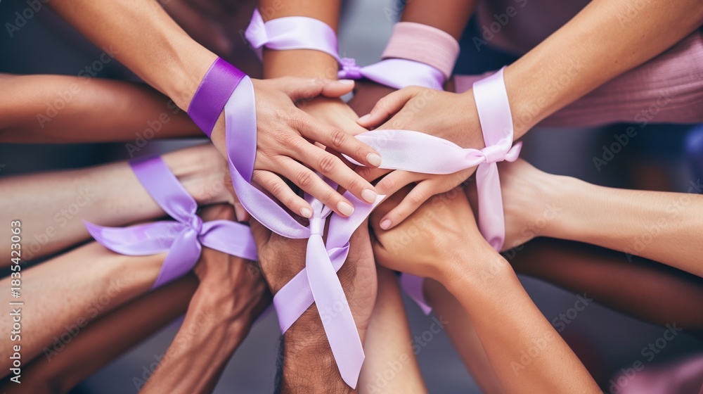 Fototapeta premium World Leprosy Day. Close-up of diverse hands joining together in unity circle, soft purple and white ribbons wrapped around wrists, warm natural lighting, shallow depth of field, hope and solidarity