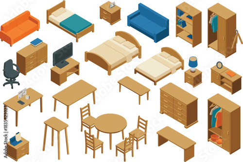 Isometric wooden furniture set with beds sofas tables chairs wardrobe drawers desk home interior items modern household room decor collection