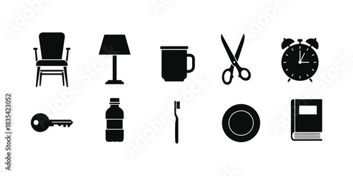Collection of black and white household objects silhouette icons