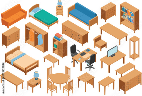 Isometric wooden furniture set with beds sofas tables chairs wardrobe drawers desk home interior items modern household room decor collection