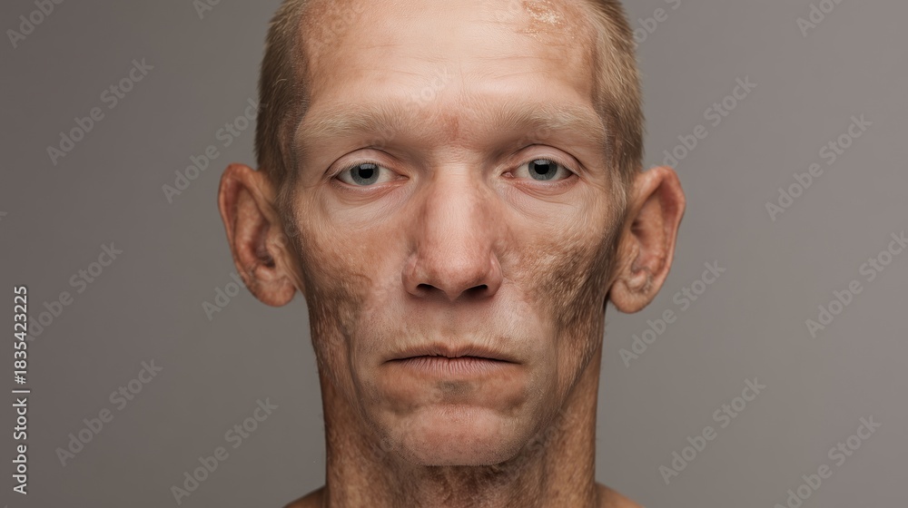 Obraz premium World Leprosy Day. Medical portrait showing facial features affected by leprosy, frontal view clinical photography, neutral expression, hospital background, educational dermatology documentation