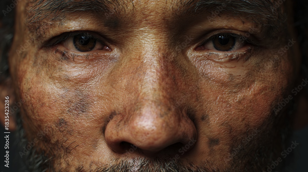 Obraz premium World Leprosy Day: medical portrait showing facial symptoms of leprosy nodular lesions, thickened skin, eyebrow thinning