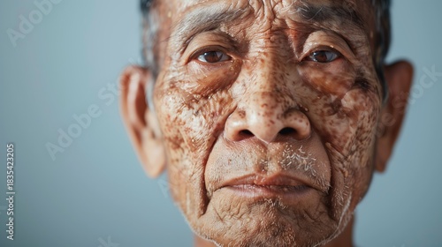 World Leprosy Day. Medical portrait showing facial features affected by leprosy, frontal view clinical photography, neutral expression, hospital background, educational dermatology documentation