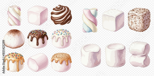 A collection of various types of marshmallows, including plain cubes, twisted swirls, and round marshmallows with chocolate, caramel, and sprinkles.