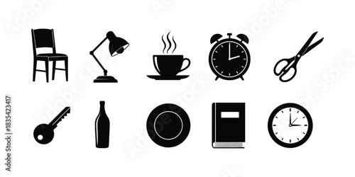 Collection of black and white everyday objects in silhouette style