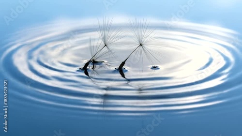 Delicate dandelion seeds float gracefully on a tranquil water surface, reflecting soft clouds above