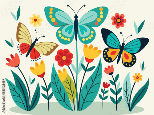 Whimsical garden scene with vibrant butterflies fluttering among colorful spring flowers and lush green foliage illustration