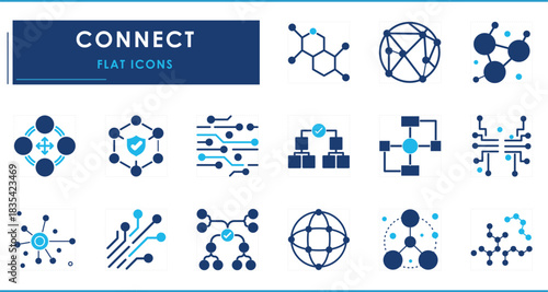 A set of flat icons related to Connect. Digital, connectors, nods, circuits, secured connection, worldwide, artificial intelligence, linkage, and so on.