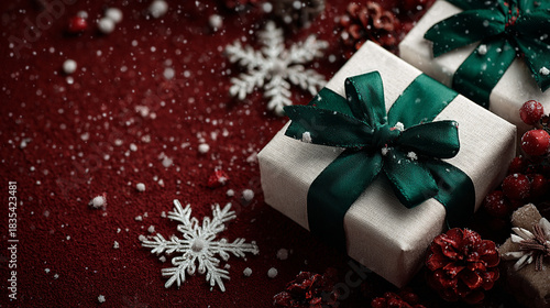 gifts on a red background with copyspace,postcard,generative ai