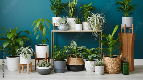 Collection of various potted houseplants arranged on stands and floor against a teal wall