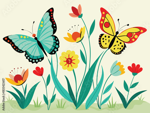 Whimsical hand drawn meadow scene featuring two vibrant butterflies fluttering gracefully among a variety of colorful wildflowers perfect for banners and advertisements