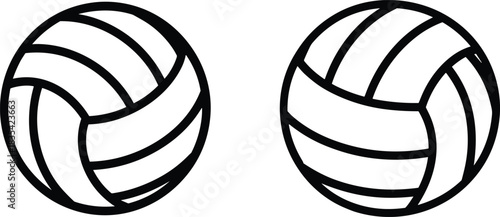 Minimalist black and white line art illustration of two volleyball balls, simple sports equipment design, clean outline graphic icon
