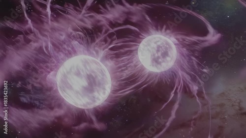 Two glowing orbs with purple energy swirls in dark space