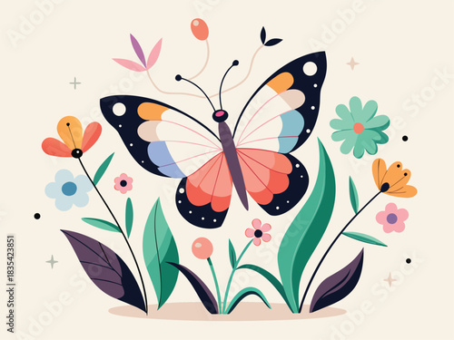 Whimsical garden scene featuring a vibrant butterfly gracefully resting among a delightful array of colorful flowers and lush green foliage