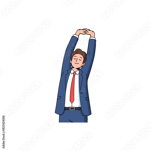 Businessman Stretching Arms Upward for Relaxation and Office Wellness