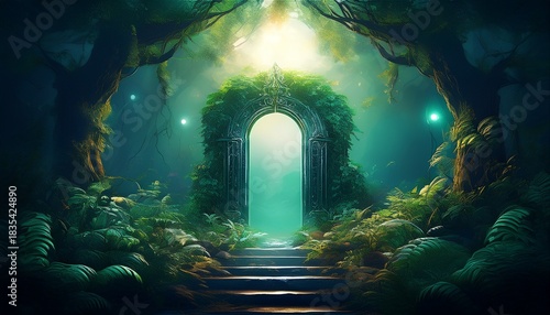 enigmatic glowing doorway surrounded by lush greenery and mysterious smoke