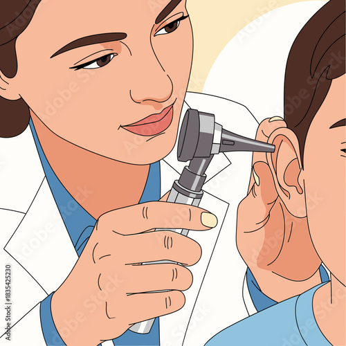 A doctor carefully examines a young patient's ear with an otoscope in a clinic setting, ensuring proper ear health and addressing any potential concerns.