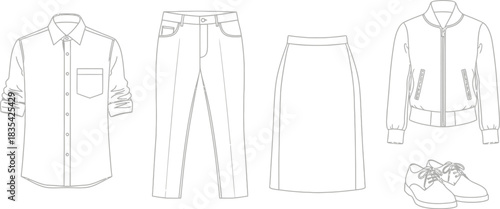 Shirt pants skirt jacket shoes clothing apparel fashion style garment wear