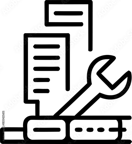 Outline icon of a wrench with documents simple vector illustration for repair service isolated on transparent Background