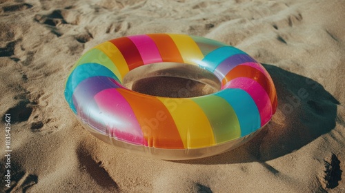 A vibrant striped swimming ring rests on warm sand at a beach. The sun shines brightly creating a cheerful atmosphere perfect for summer fun by the sea.