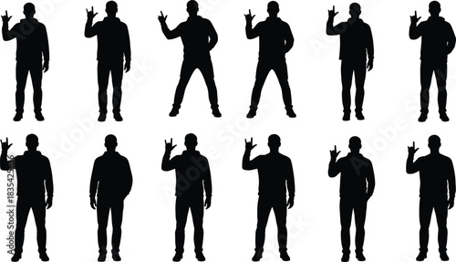 Vector Silhouettes of Young Men Cheering, Celebrating, and Making Rock-On Hand Gestures, Representing an Audience at a Concert or Energetic Music Event.