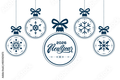 Elegant 2026 New Year greeting card with BLUE snowflake Christmas baubles and ribbon bows hanging on white background, minimalist festive holiday illustration ideal for seasonal invitations, banners a