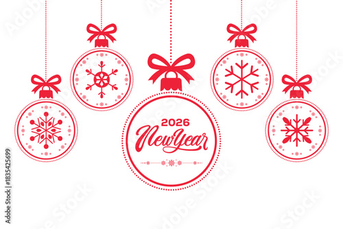 Elegant 2026 New Year greeting card with RED snowflake Christmas baubles and ribbon bows hanging on white background, minimalist festive holiday illustration ideal for seasonal invitations, banners a