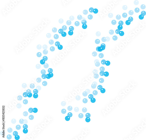 Dynamic blue and light blue circular bubbles or spheres flowing in a curved, abstract pattern on a clean white background, representing motion, liquid, and effervescence.