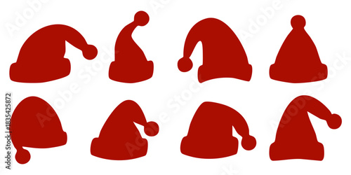 Set of eight red Santa hats silhouettes in various fun and quirky shapes on white background.