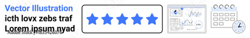 Business evaluation, performance review, rating systems, analytics tools, time management, customer feedback. Five-star rating, charts and calendar icons. Business evaluation and performance review