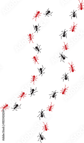 Red and black ant silhouettes forming a scattered wavy path on a clean white background, illustrating insect movement and contrast