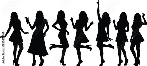 Mega Bundle of Dynamic Female Silhouettes Posing, Dancing, and Celebrating in Various Dresses, High Heels, Representing Party, Joy, and Freedom, Vector Set