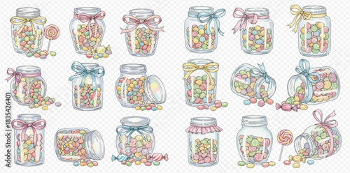 Watercolor illustration set of glass jars filled with colorful pastel candies and lollipops, some with decorative bows and spilled sweets.