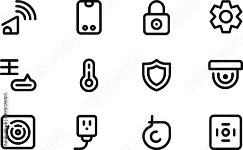 Set of smart home automation and security system icons including wireless connection mobile app control lock settings and surveillance camera in line style